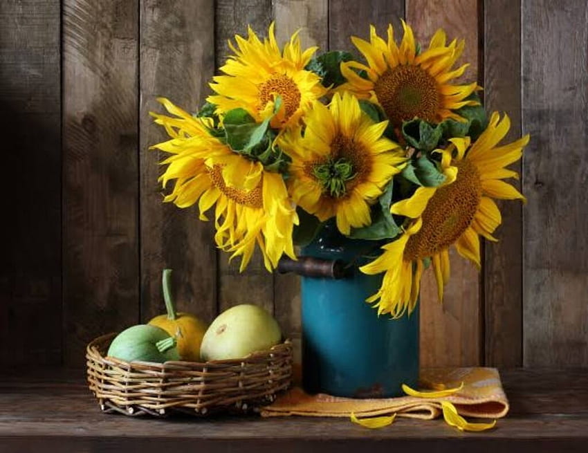Still life with Sunflowers, Apple, Sunflowers, Basket, Pumpkin HD wallpaper