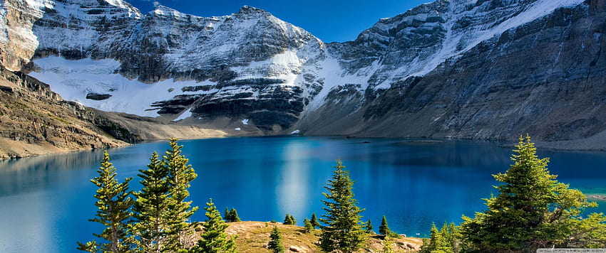 Природа, планински пейзаж, ултра фон на синьо езеро, ултра широка природа HD тапет
