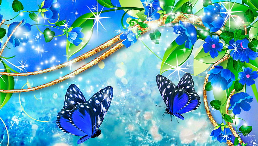 The Blues, blue, glow, papillon, floral, stars, gold, butterflies, butterfly, shimmer, shine, sparks, flowers, fleurs HD wallpaper