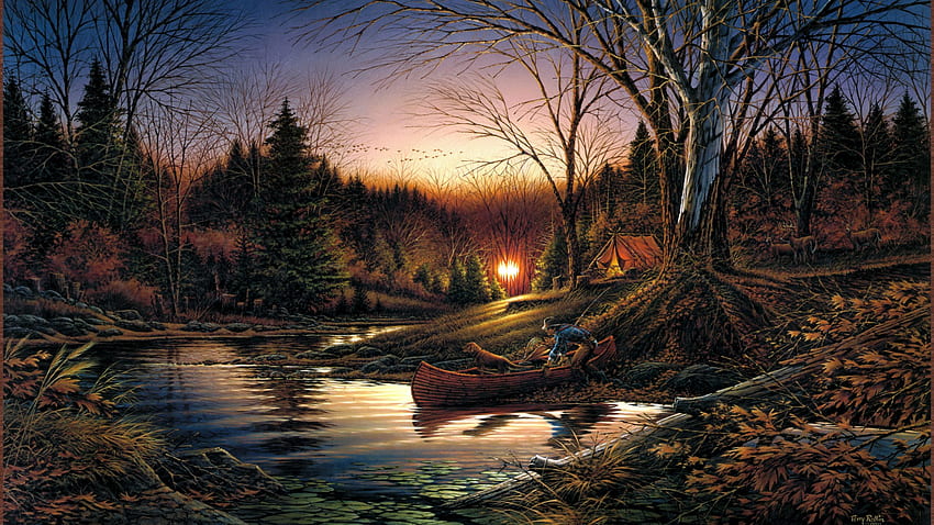 Wald Zelt Fluss Boot Hund Hirsch Zugvögel Hintergrund [] für Ihr , Handy & Tablet. Camping entdecken. Kampieren, Herbstkampieren HD-Hintergrundbild