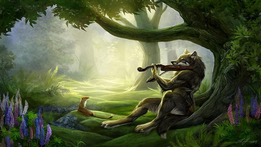 Fantasy Violin Playing Wolf, Funny Wolf HD wallpaper