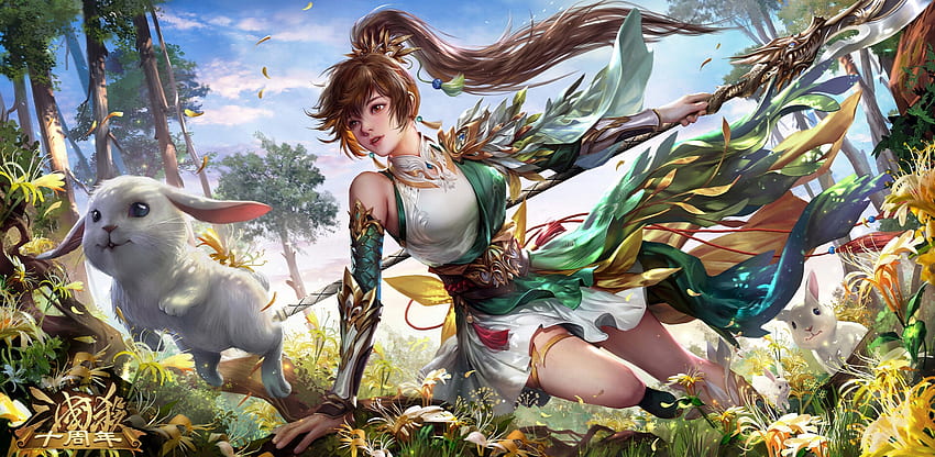 Fantasy girl, running, green, bunny, frumusete, fantasy, girl, kdash HD wallpaper