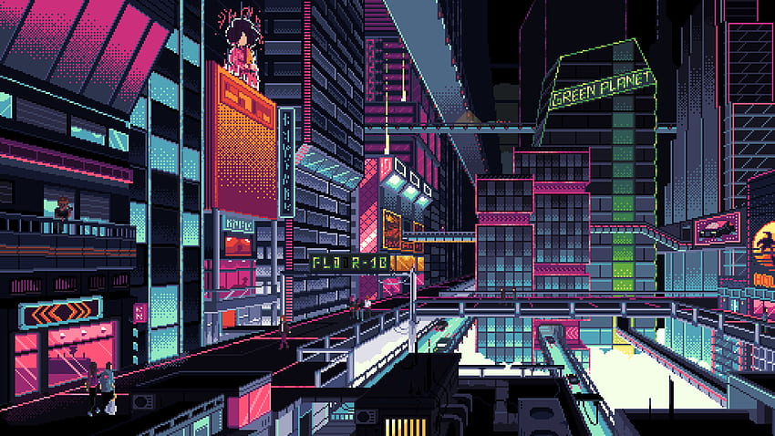 Cyberpunk City Pixel Art Resolución, Artista, y - Den, Pixel Art Green fondo de pantalla
