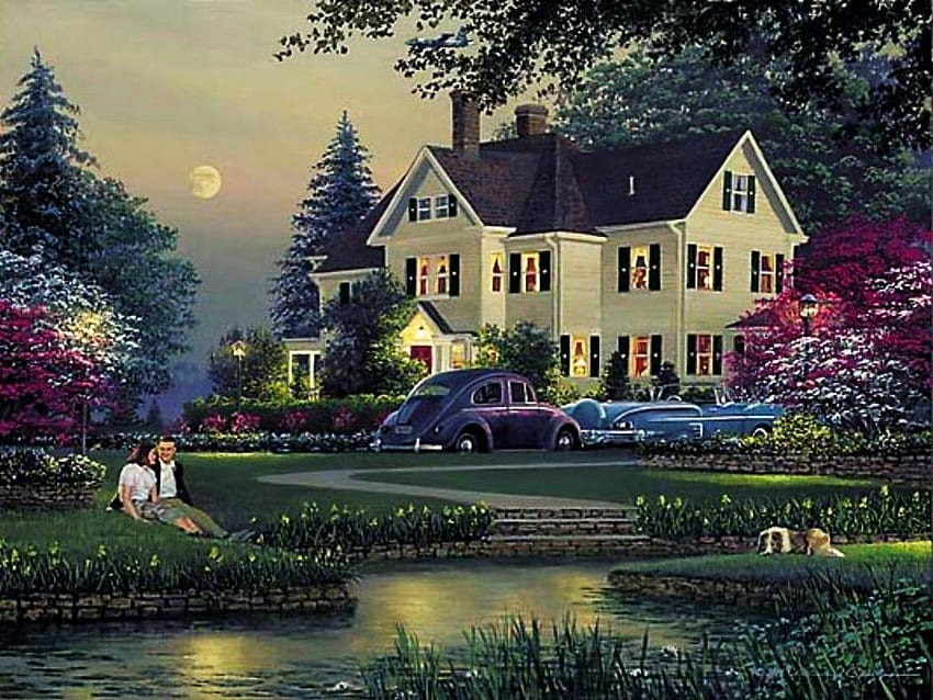 Country Villa, artwork, painting, house, cars, flowers, water, park HD wallpaper