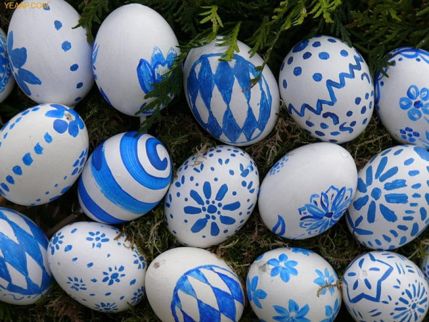 EASTER EGGS BLUE AND WHITE, WHITE, EGGS, COLOR, EASTER, BLUE HD wallpaper