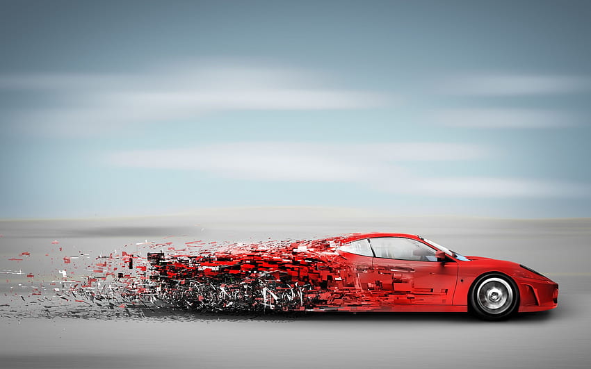 Automobile sportiva rossa nell'esecuzione ad alta velocità, detriti creativi Sfondo HD