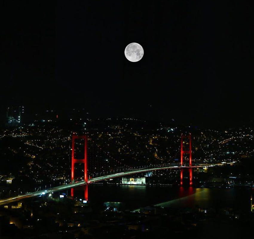 夜のイスタンブール、夜、橋、月、イスタンブール 高画質の壁紙