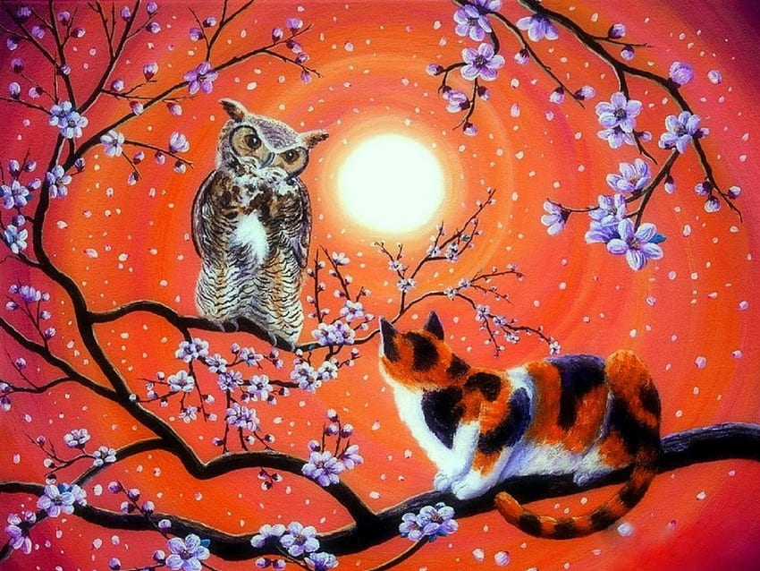 Owl and Pussycat, paintings, cat, owl, love four seasons, peach blossoms, animals, draw and paint, flowers, moons HD wallpaper