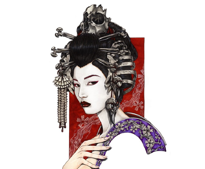 Geisha with Bones, japanese, bones, bird, skull, geisha, ribs, artwork, fantasy, abstract HD wallpaper