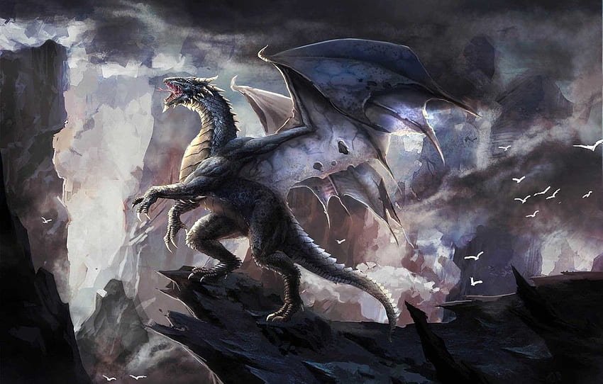 clouds, birds, rocks, dragon, monster, art, roar for , section фантастика, Roaring Dragon HD wallpaper