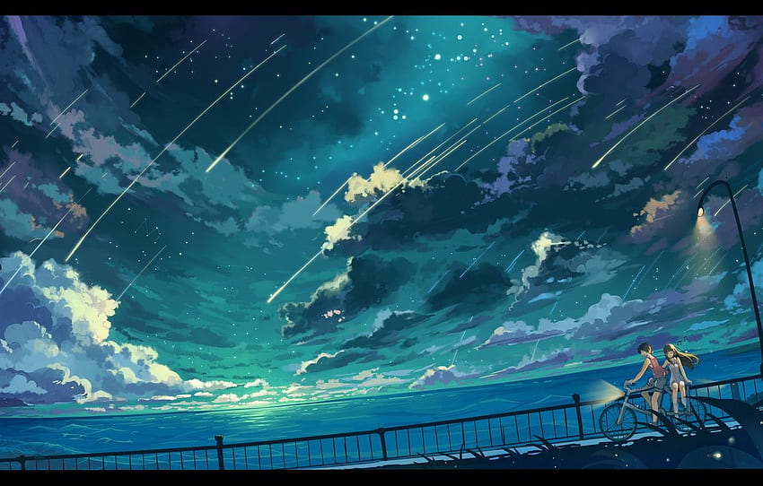 the sky, girl, stars, clouds, landscape, nature, bike, Anime Ocean HD wallpaper