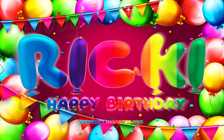 Happy Birtay Ricki, , colorful balloon frame, Ricki name, purple background, Ricki Happy Birtay, Ricki Birtay, popular german female names, Birtay concept, Ricki HD wallpaper