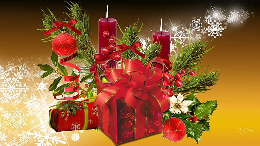 Navidad en rojo, Feliz Navidad, poinsettia, regalos, acebo, copos de nieve, Navidad, decoraciones, velas, flores fondo de pantalla