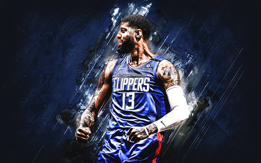 Paul George, NBA, Los Angeles Clippers, blue stone background, American Basketball Player, portrait, USA, basketball, Los Angeles Clippers players for with resolution . High Quality, Paul George Logo HD wallpaper