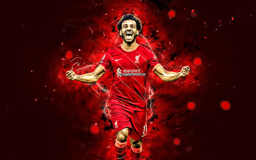 Mohamed Salah, , 2021, Liverpool FC, egyptian footballers, soccer, Premier League, football, Mo Salah, red neon lights, Mohamed Salah Liverpool, Mohamed Salah HD wallpaper