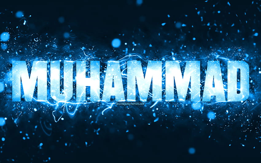 Happy Birtay Muhammad, , luzes de neon azuis, nome Muhammad, criativo, Muhammad Happy Birtay, Muhammad Birtay, nomes masculinos americanos populares, com nome Muhammad, Muhammad papel de parede HD
