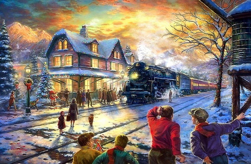 Noel Yolculuğu, kar, demiryolları, istasyon, tren, gökyüzü, insanlar, gün batımı, kış, sanat eseri HD duvar kağıdı