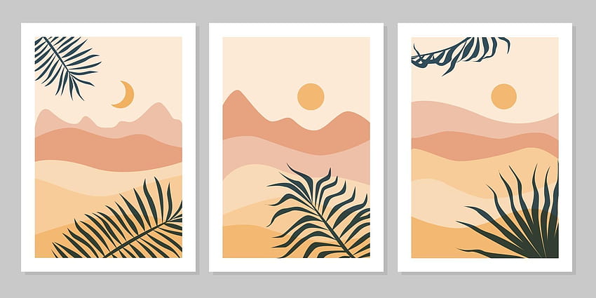 Set of aesthetic modern natural abstract landscape background with mountain, leaf, sky, sun and moon. Minimalist boho poster cover template. Design for print, postcard, , wall art. 2648545 Vector Art at Vecteezy, Aesthetic Posters HD wallpaper