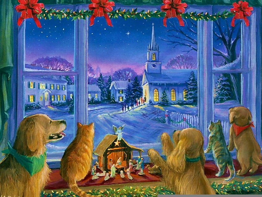 Christmas watchers, kitten, night, birds, puppies, peaceful, stars, houses, snow, trees, window, kids, cat, watchers, decoration, rppm, cittage, home, kitty, angel, church, dusk, serenity, vullage, snowflakes, holiday, snowing, holy, friends, new year, children, path, cabin, gods, buddies, christmas, clouds, sky, evening HD wallpaper