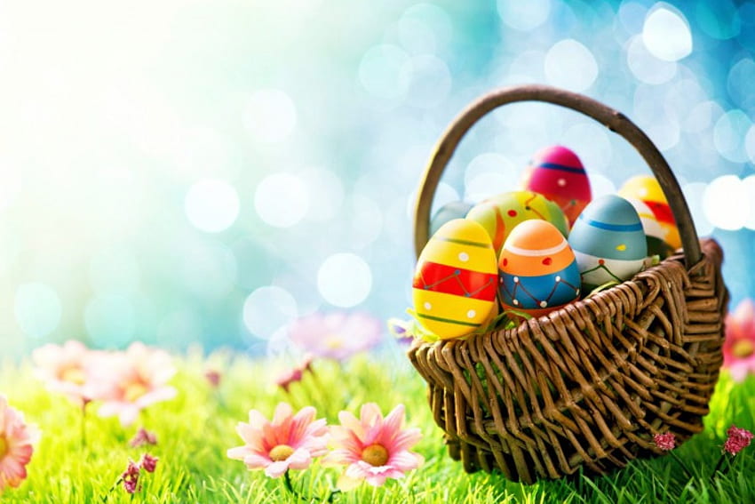 Easter Basket, basket, Easter eggs, Easter, flowers, grass, eggs HD wallpaper