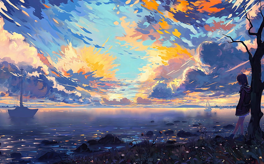 Anime Landscape, Sea, Ships, Colorful, Clouds, Scenic, Tree, Horizon for MacBook Pro 13 inch, 2560X1600 HD wallpaper