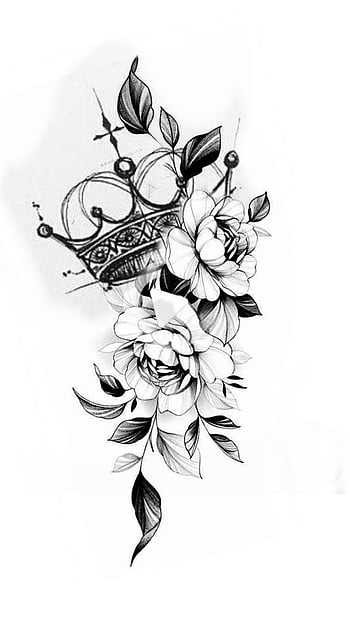 Black and Grey Crown and Flowers Tattoo Design – Tattoos Wizard Designs