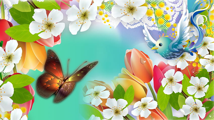 Birds Butterly Blossoms, floral, lace, tulips, spring, Firefox Persona theme, summer, apple blossoms, butterfly, bright, flowers HD wallpaper