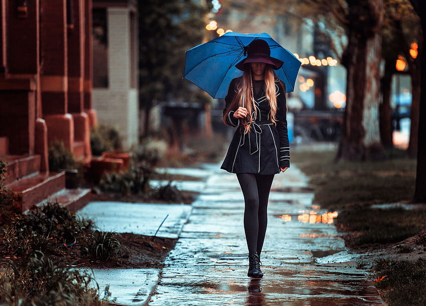 girl, umbrella, street, rain, rainy day, long hairs HD wallpaper