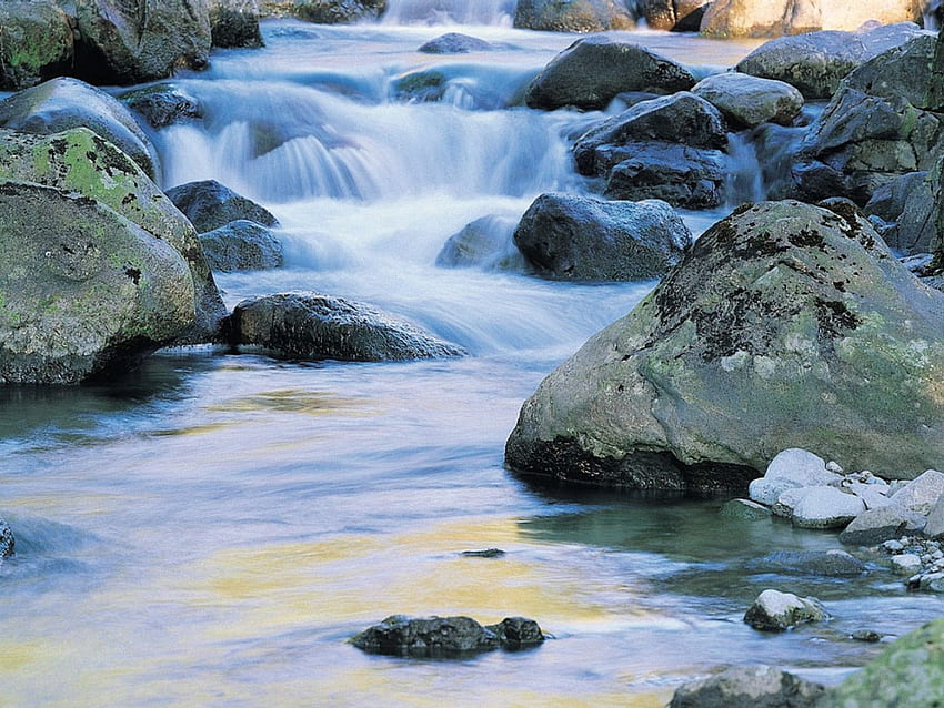 flowing stream, blue, water, rocks, fall HD wallpaper