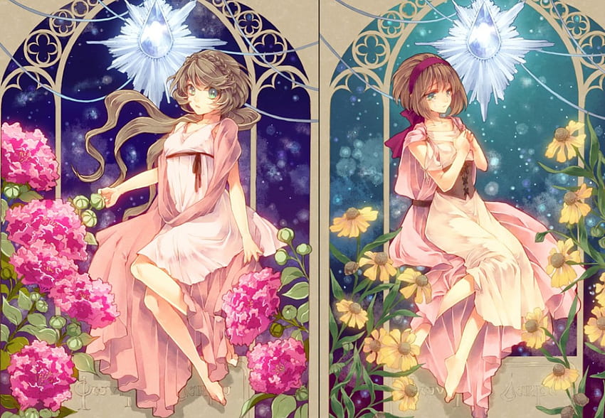 Sebaliknya, anak perempuan, bunga, siang dan malam, berpakaian Wallpaper HD