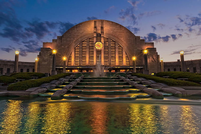 Cincinnati Museum Center at Twilight, Gebäude, Himmel, Wasser, Spiegelungen, Abend, USA HD-Hintergrundbild