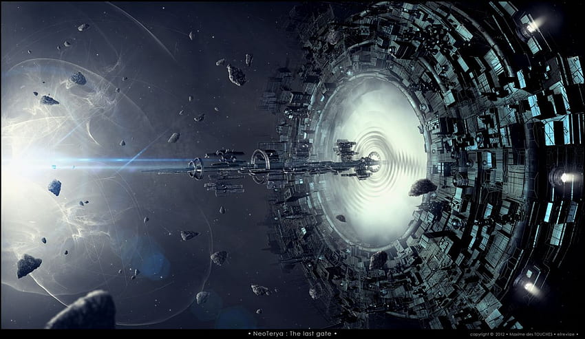 Raumschiff-Wurmloch-Trümmer-Zukunft. HD-Hintergrundbild