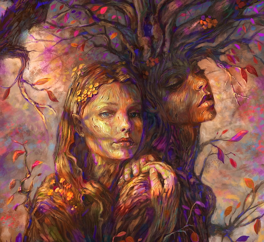 Waldmädchen, Kunst, Fantasie, Paar, Javier Carmona, Mädchen, Wald, Baum HD-Hintergrundbild