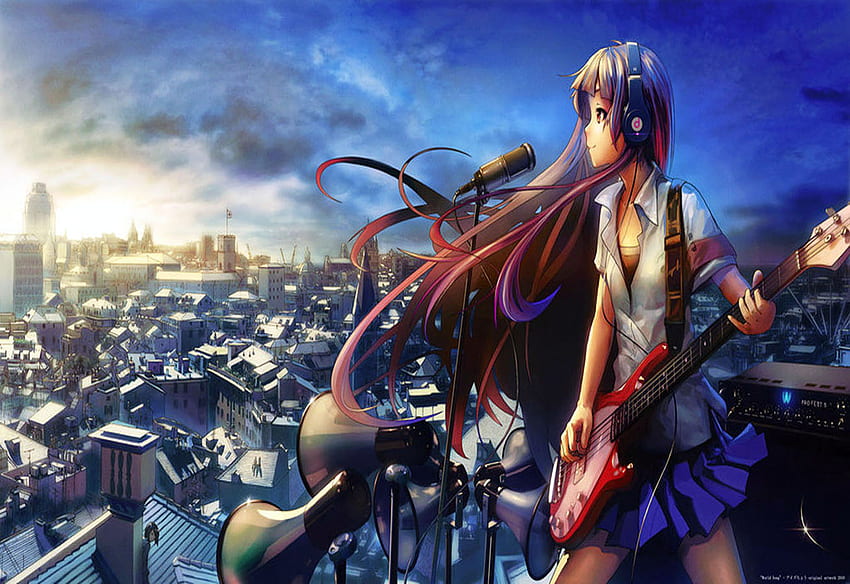 im singing at you, guitarl, sky, city, hatsume HD wallpaper