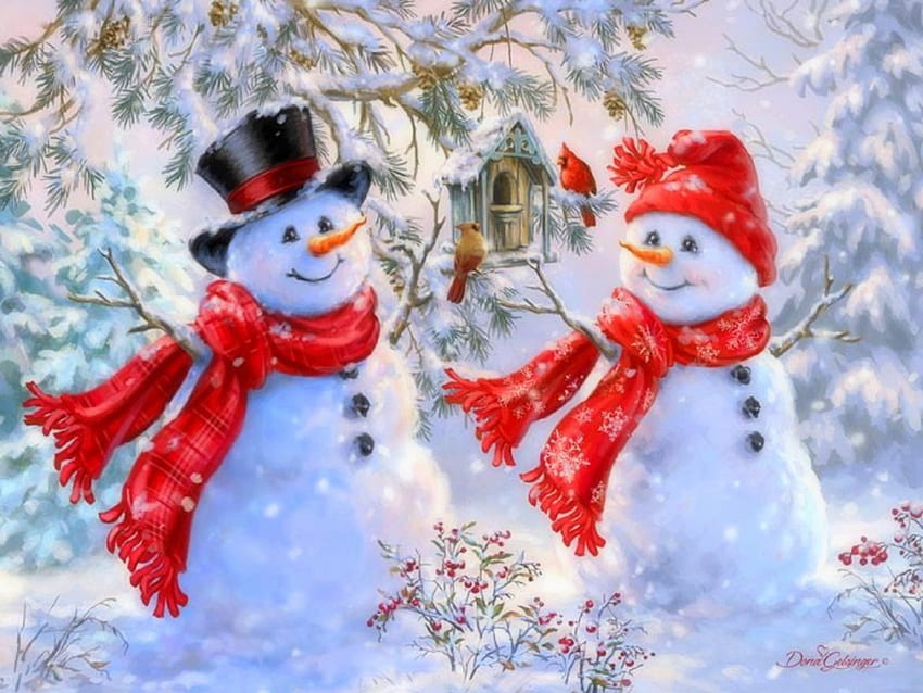 Snow Sweethearts, winter, holidays, attractions in dreams, snowmen, paintings, love four seasons, christmas trees, Christmas, snow, xmas and new year, cardinals HD wallpaper