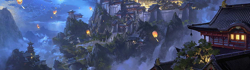 Anime Sky Lantern Montaña Castillo japonés Paisaje nocturno, Japón Monitor dual fondo de pantalla