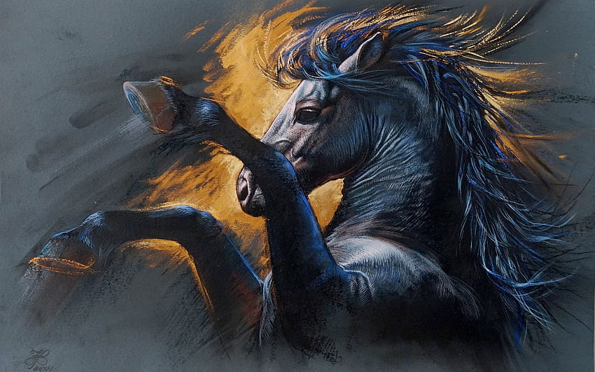 Black Horse, animal, head, painting, art HD wallpaper