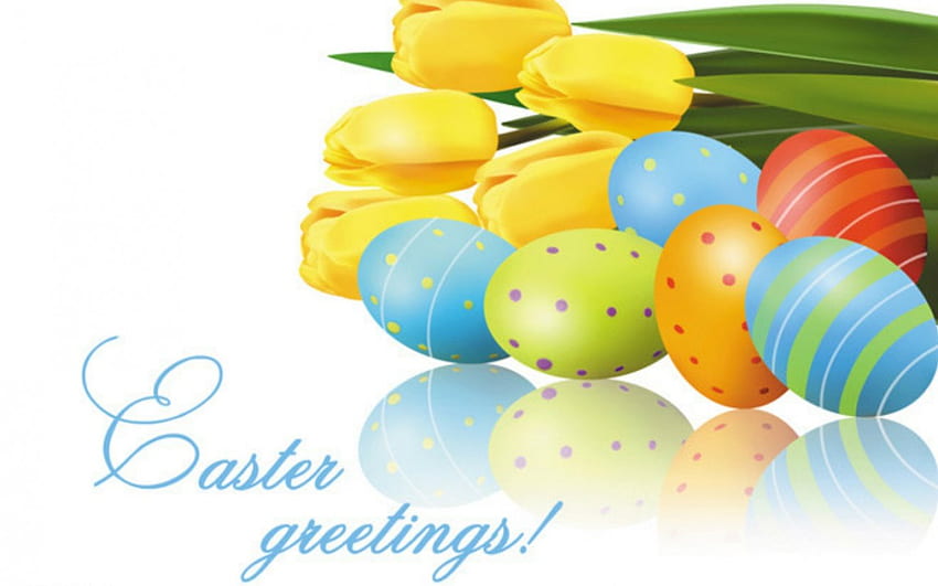 Easter Greetings, tulips, Easter, painted, eggs HD wallpaper