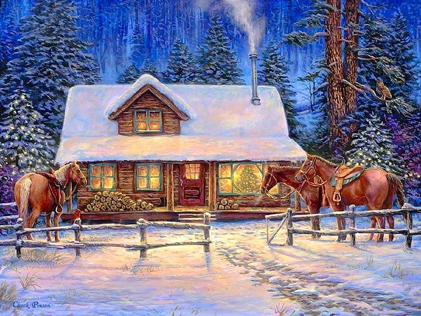 冬のオアシス、冬、休日、夢の中のアトラクション、絵画、家、四季の愛、馬、クリスマスツリー、クリスマス、雪、クリスマス、正月 高画質の壁紙