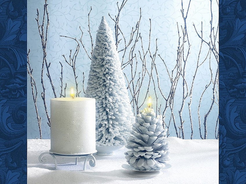 Christmas time, winter, blue, candle, snow, tree HD wallpaper