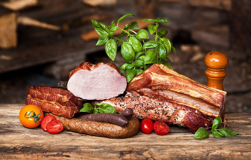 meat, tomatoes, sausage, ham, meat, sausage, bakno for , section еда, Cold Cuts HD wallpaper