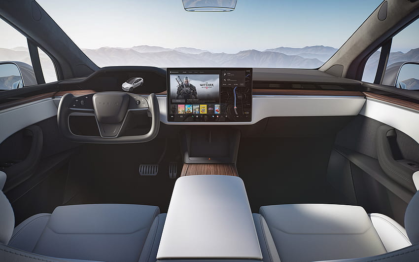 2022, Tesla Model X Plaid, интериор, изглед отвътре, преден панел, Model X 2022 интериор, електрически автомобили, американски автомобили, Tesla HD тапет