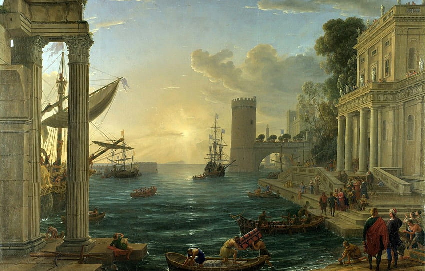 sea, the sky, landscape, the city, people, boat, , The Embarkation of the Queen of Sheba, Claude Lorrain for , section живопись HD wallpaper