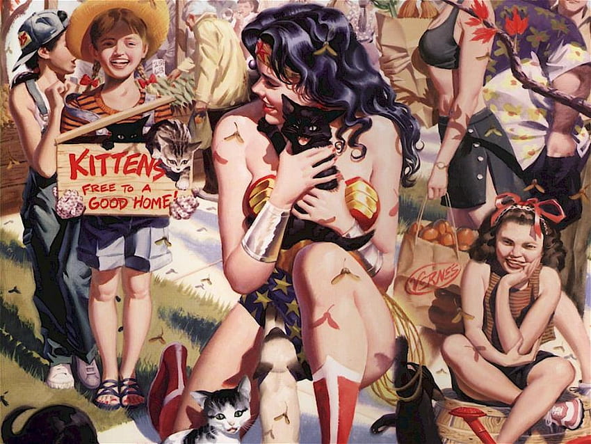 Wonder Kitties, kobiety, Wonderwoman, sztuka, koty, dziewczyny, kocięta Tapeta HD