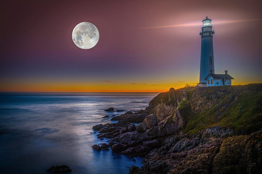 Pigeon Point Lighthouse under a Full Moon, lighthouse, moon, water, usa HD wallpaper