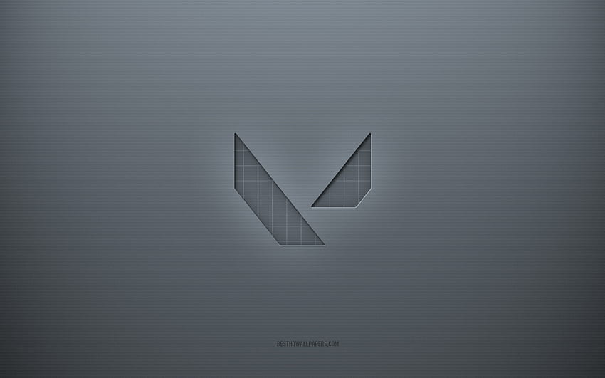 Лого на Valorant, сив творчески фон, емблема на Valorant, текстура на сива хартия, Valorant, сив фон, лого на Valorant 3d HD тапет