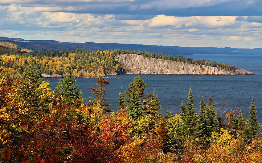 Top of Palisade Head, North Shore, Minnesota, coast, clouds, trees, autumn, sky, rocks, usa HD wallpaper
