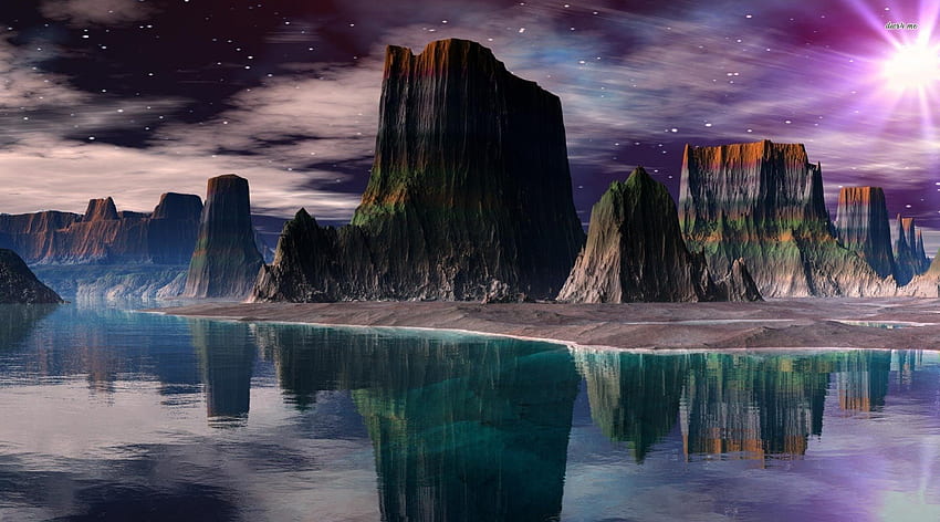 Canyon Reflection, dusk, mountain, lake, rock, purple, day, reflection, canyon, clouds, nature, sky HD wallpaper