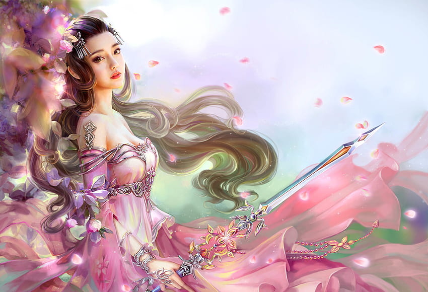 Putri, frumusete, asia, seni, cao yuwen, gadis, angin, merah muda, fantasi, luminos Wallpaper HD