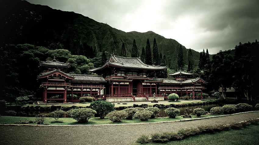 architecture, Building, Nature, Landscape, Trees, Asian architecture, Garden, Mountains, Path, Zen, Lake, Plants, Forest, Clouds, Temple, Japan, Filter, The Byodo In Temple / and Mobile Background HD wallpaper